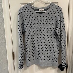 LOFT Gray and Black Crew Neck Sweater with Polka Dots